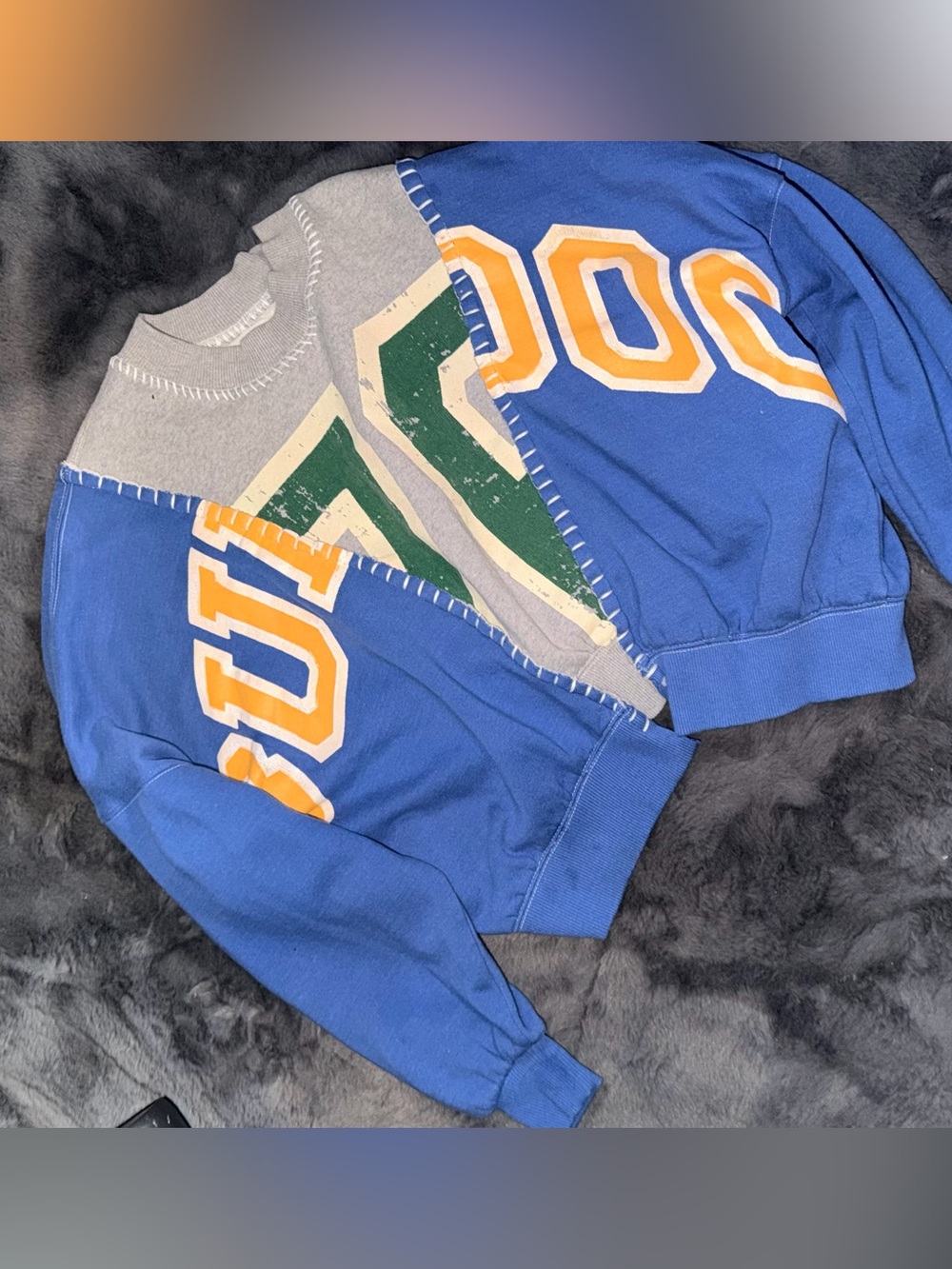 BDG Blue, Gray & Green Patchwork Crewneck Sweater